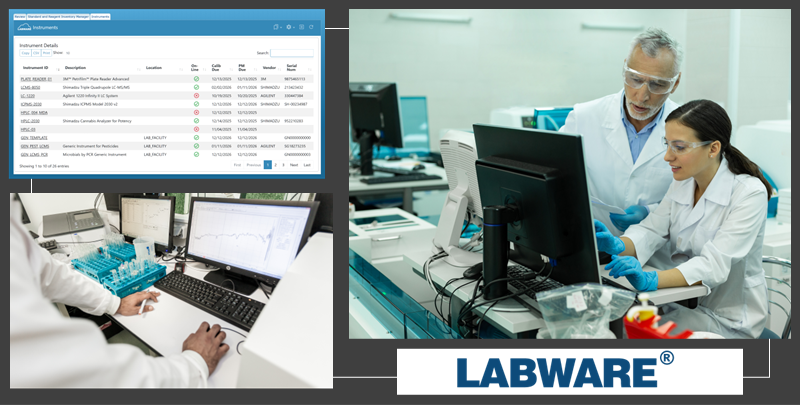 LabWare LIMS instrument management screen and QC scientists working at networked lab instruments and computers, illustrating how LabWare integrations connect quality lab systems and instruments.